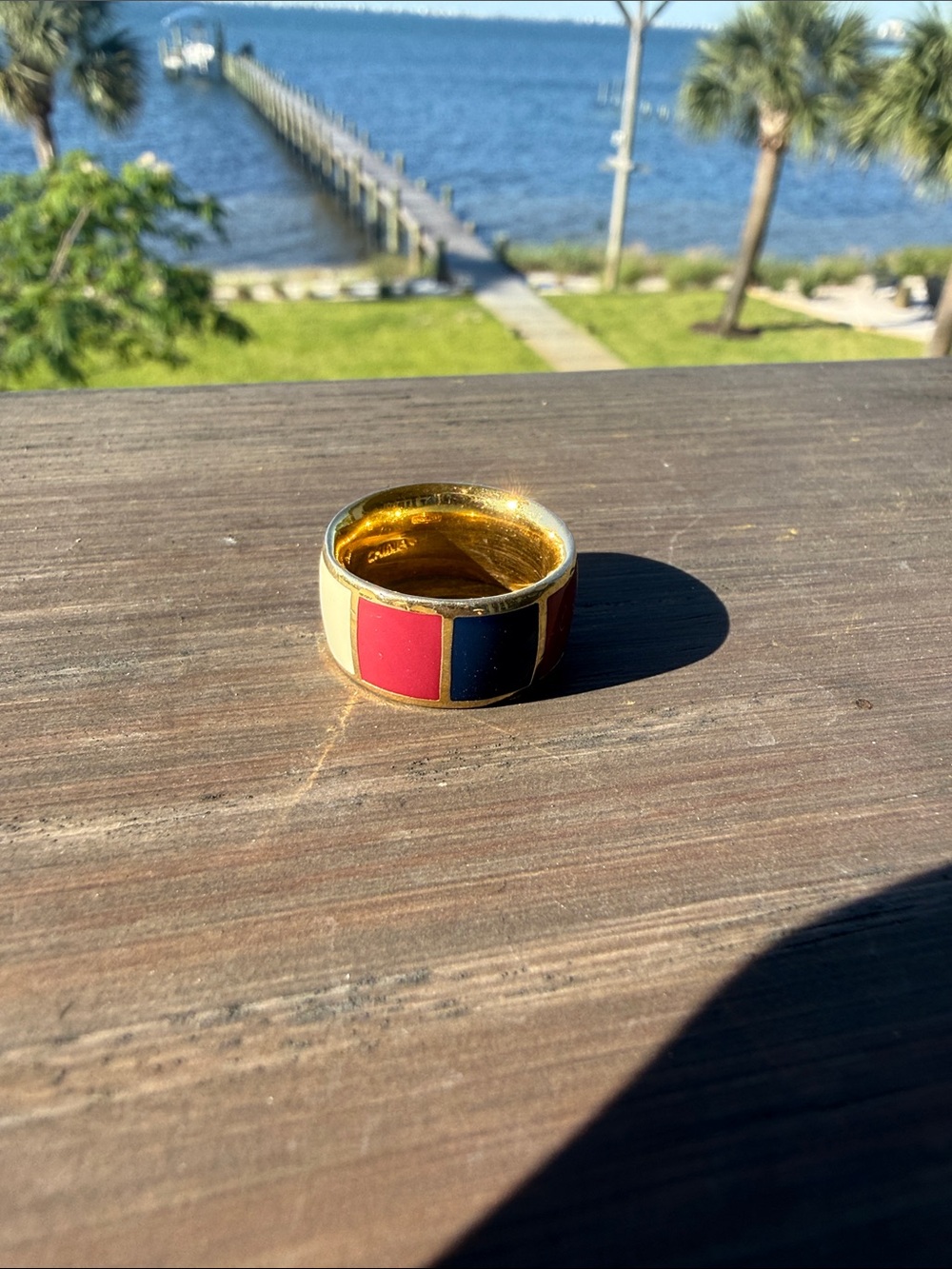 Coach Gold Tone Ring with Pink, Blue & Cream Enamel - Picture 3 of 4